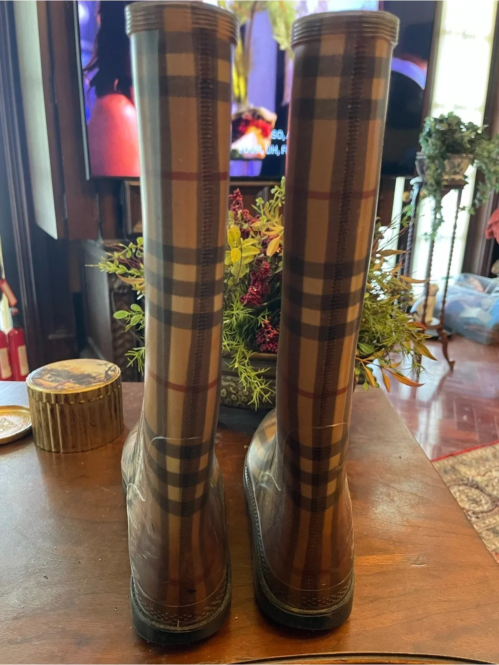 Burberry Tan Plaid Knee-High Rain Boots